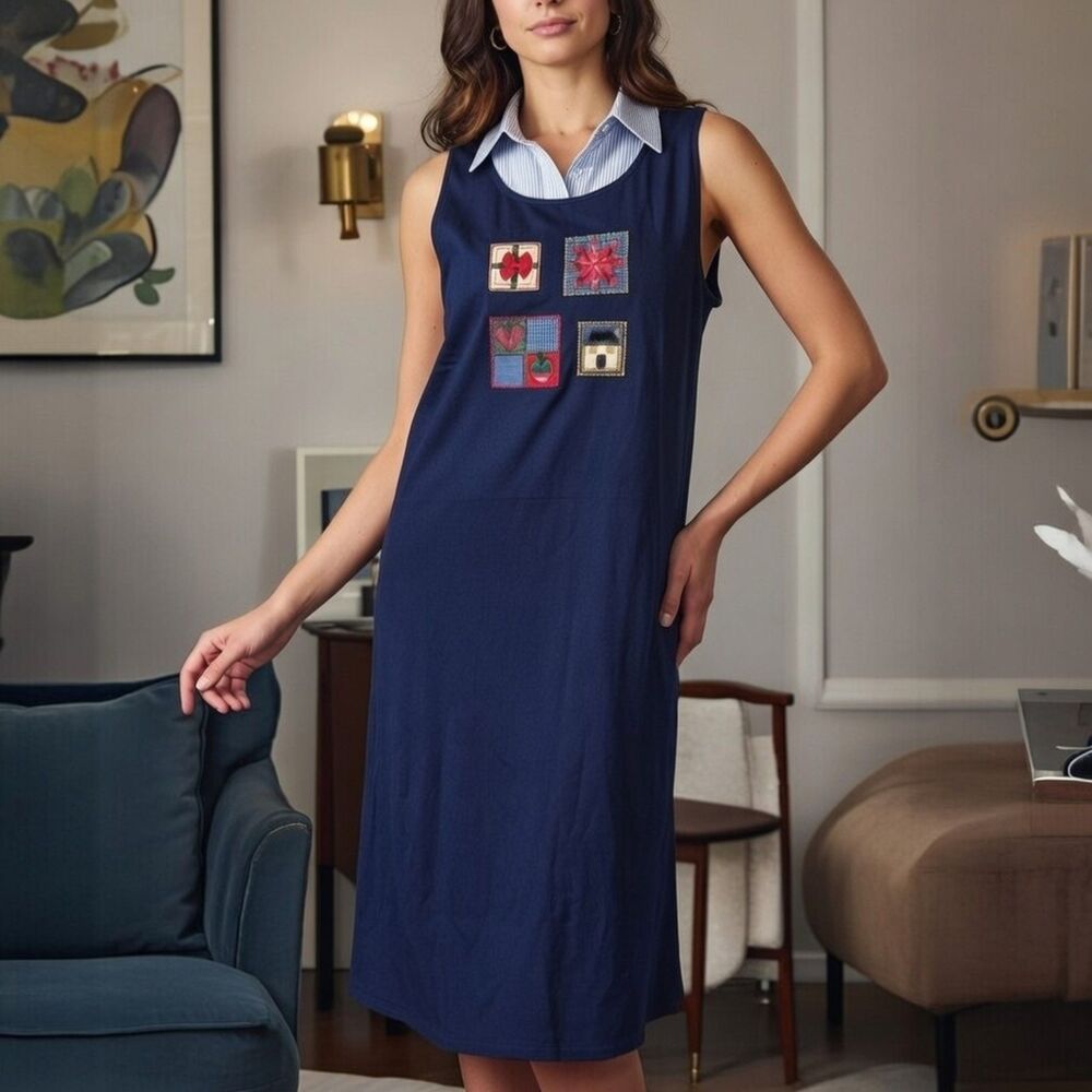 Vintage Koret Navy Denim Jumper Dress Embroidered Patches Preppy Midi Y2K Size M